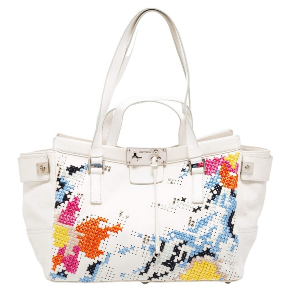 Jimmy Choo White Cross Stitched/Embellished Leather Tote